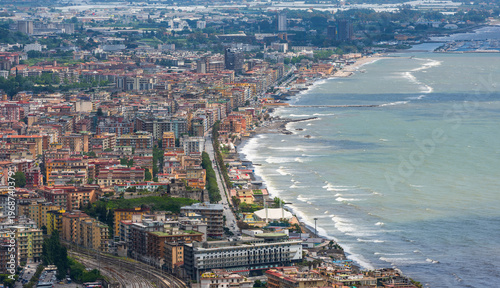 Densely populated areas of the Italian city of Salerno. Salerno is a city and port on the Tyrrhenian Sea in southern Italy, the administrative center of the Salerno province of the Campania region.