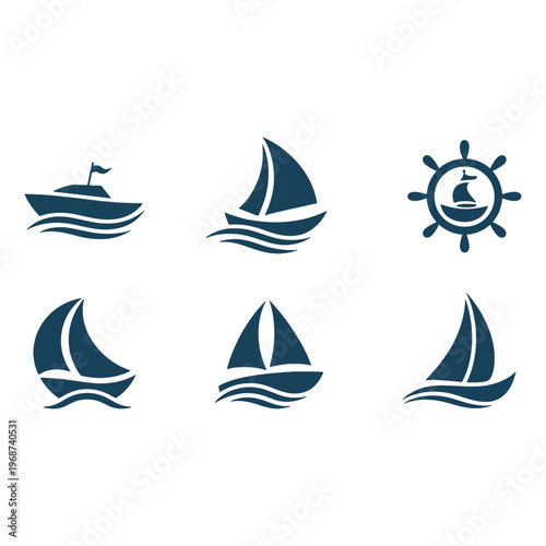 Collection of nautical and sailing vessel icons with a ship wheel emblem