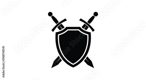 A black silhouette depicts a shield and two crossed swords symbolizing protection and medieval warfare silhouette high quality professional detailed modern