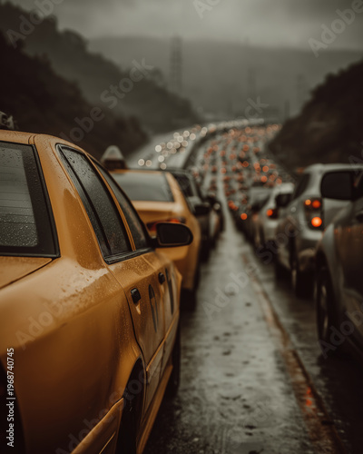Taxis and other cars stuck in a traffic jam going down a hill on a highway under stormy skies