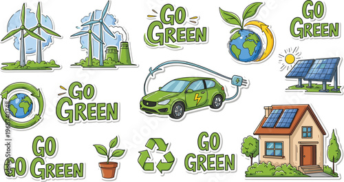 Go Green Eco-Friendly Icons Set Featuring Wind Energy, Electric Car, Solar Power, Recycling, and Earth-Friendly Symbols for Websites and Apps