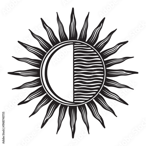 Abstract sun and moon duality symbol black line art vintage celestial design minimalist boho style illustration for tattoo print and decor