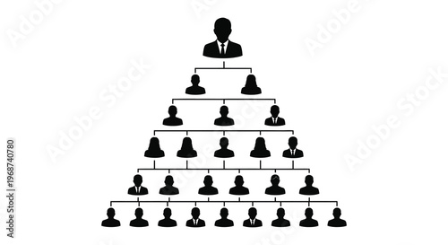 A black organizational chart displays a hierarchical structure with multiple figures all shown in silhouette high quality professional detailed modern elegant