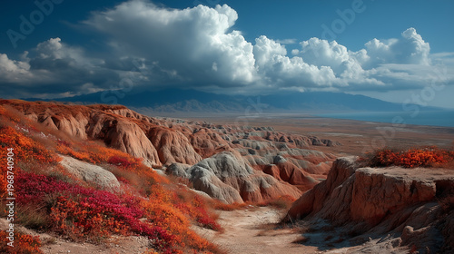 Colorful rocky desert landscape with mountains in the background with big white clouds