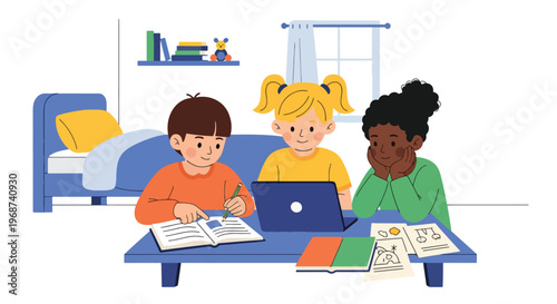 Flat style vector illustration of children doing homework together at home with books and laptop, collaborative learning and study support in a friendly environment