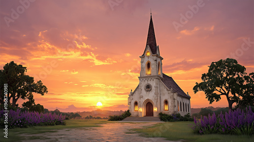 Cathedral in the country at sunset with surrounding gardens and trees