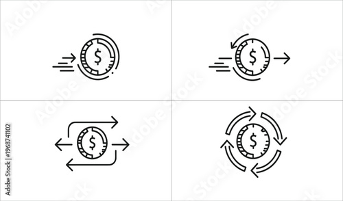 Money Flow and Currency Exchange Icons Set Featuring Fast, Recycle, and Transaction Symbols for Financial Designs