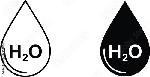 Black and white water drop icons with H2O chemical formula text, liquid droplet symbols for hydration, clean water, and chemistry.