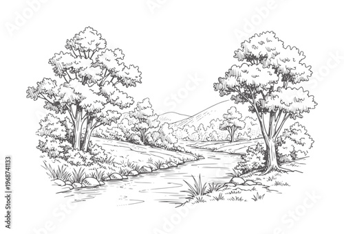 Hand drawn of a serene river flowing through a lush green landscape with trees and hills