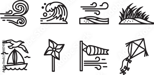 Eight whimsical line drawings of trees, plants, and flowers Vector