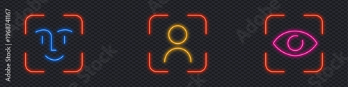 Neon Biometric face, person, and eye scanning recognition icons on transparent background. Digital identity, cybersecurity, and data protection concept. Vector Illustration.