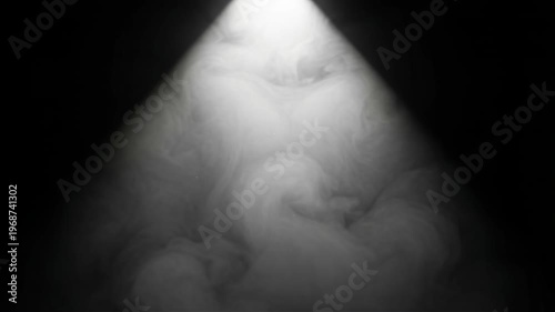 Spotlight beam illuminating swirling smoke on a pitch black background, mystical atmosphere, moody lighting effect for cinematic