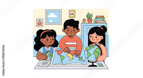 Flat style vector illustration of children learning geography using world map and globe, pointing at continents in classroom, global education and knowledge concept