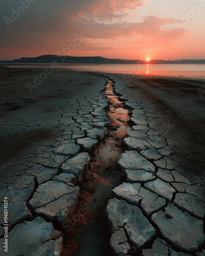 A trickling stream drains off water from a drying lake