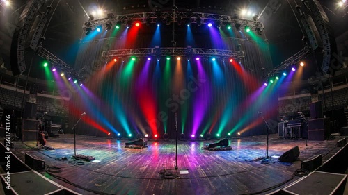Stage lighting beams illuminating empty concert hall with vibrant multicolored spotlights, dynamic performance atmosphere for events and