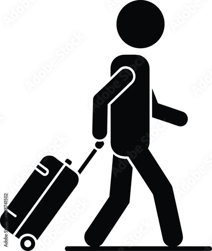 Black Silhouette Icon of a Person Walking and Pulling a Rolling Suitcase Representing Travel Vacation Tourism Business Trip and Departure Isolated on White Background for Graphic Design