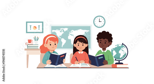 Flat style vector illustration of children learning geography using world map and globe, pointing at continents in classroom, global education and knowledge concept