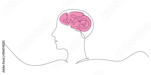 Continuous one line drawing of human head profile with pink brain. Mental health awareness, psychology, and cognitive intelligence concept. Vector Illustration.