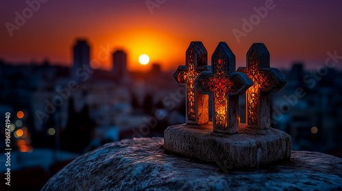 Lighted crosses on a hilltop overlooking a city at sunset with warm orange color