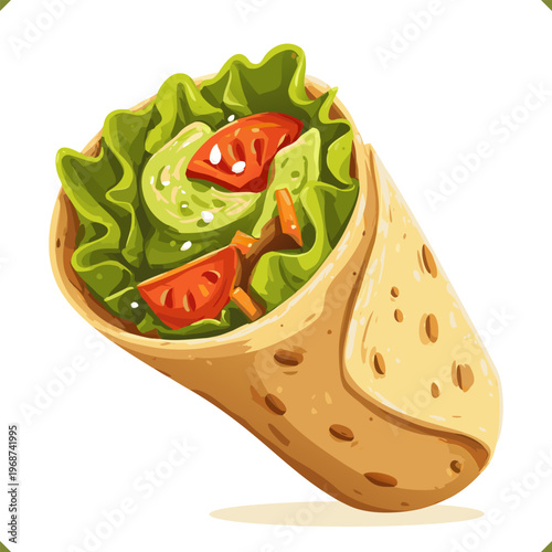 Vector illustration of doner kebab wrap with fresh vegetables in flatbread, isolated on a white background