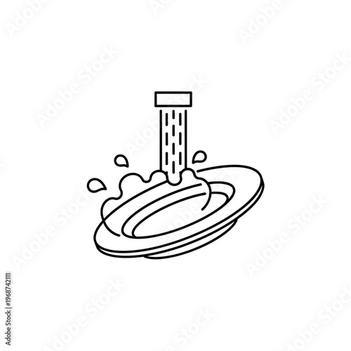 Dishwashing icon: plate being cleaned under running water, simple line art illustration
