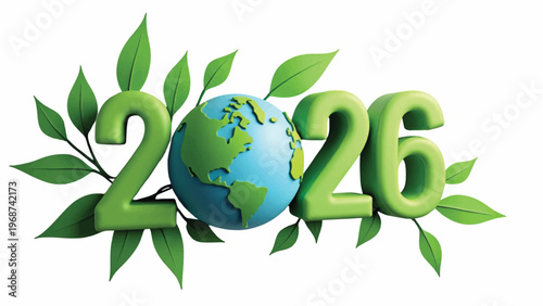 Eco friendly 2026, green earth globe, leafy environment, sustainable future