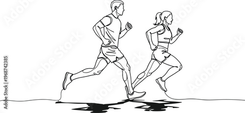 Continuous line drawing of a man and woman running together representing fitness healthy lifestyle outdoor cardio exercise marathon training and athletic teamwork concept