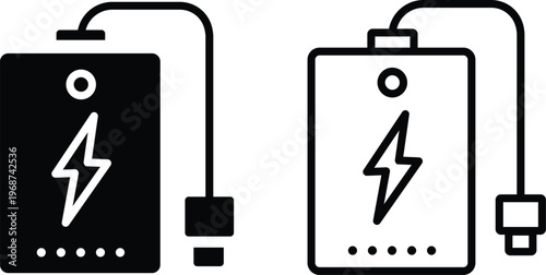 Portable Power Bank Icon Set . External Battery Charger with USB Cable Solid and Outline Vector Symbols for Mobile Charging