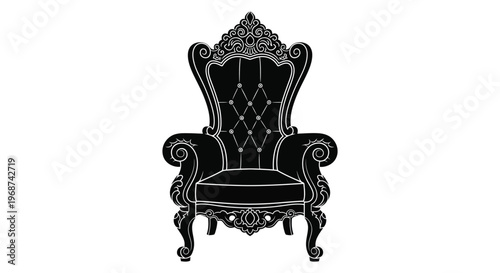An ornate vintage armchair is depicted in a striking black design showcasing intricate details as a silhouette high quality professional detailed