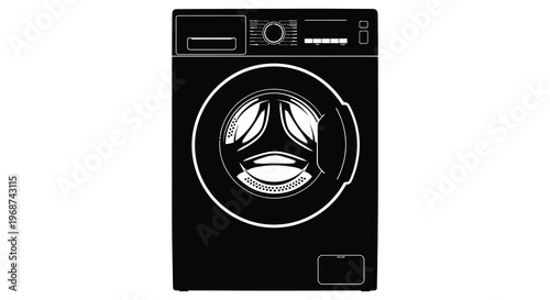 A striking black and white graphic depicts a front loading washing machine emphasizing its form as a bold silhouette high quality professional