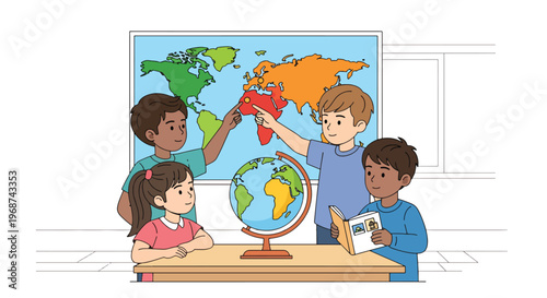 Flat style vector illustration of children learning geography using world map and globe, pointing at continents in classroom, global education and knowledge concept