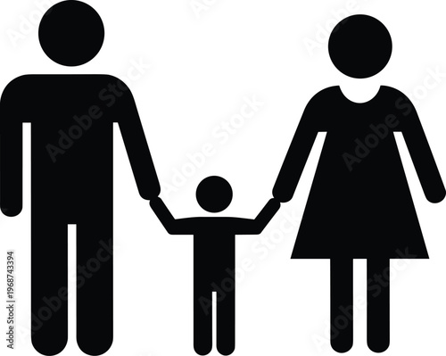 Solid Black Silhouette Icon Representing a Happy Nuclear Family with Father Mother and Child Holding Hands for Parenting Childhood Community and Social Concept