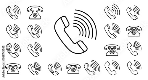 Telephone hand drawn set with black curved lines and wave signals featuring phone, rotary phone, handset with receiver and caller elements for