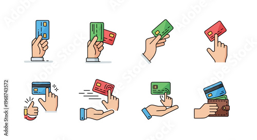 Set of Modern Outline Payment Icons Featuring Hand Holding Credit Card and Leather Wallet Vector Illustration