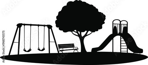 Playground silhouette vector, swing slide bench tree, outdoor recreation illustration, park community design, children play area decor, leisure icons