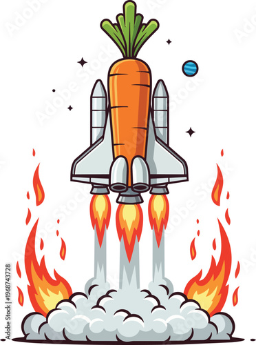 Surreal Carrot Space Shuttle Taking Off With Powerful Fire Boosters Representing Fast Healthy Nutrition and Energetic Vegetable Power Isolated for Creative Media