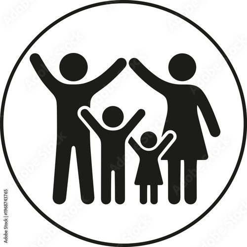 Black silhouette icon of a happy family with two children inside a circle representing home safety life insurance protection unity and social welfare.