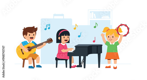 Flat style vector illustration of children learning music with instruments like guitar and piano, joyful classroom activity promoting creativity and artistic education