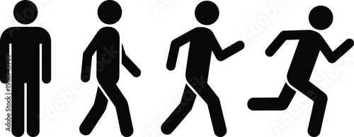 Black silhouette vector icon set of a person standing walking jogging and running in sequence representing evolution of movement physical activity and human progress.