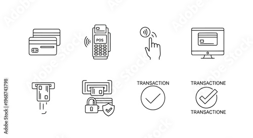 Digital Finance and Online Banking Outline Icon Set for Mobile Payment Apps and Fintech UI Design Featuring Secure Transaction Symbols and Money Transfer Graphics