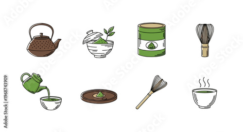 Matcha Tea Ceremony Line Icons Set Traditional Japanese Tea Preparation Tools and Ceremonial Utensils Vector Graphics