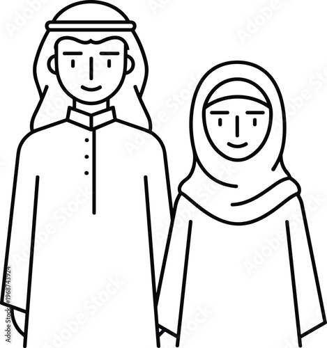 Line Art Illustration of a Smiling Middle Eastern Couple Wearing Traditional Cultural Attire including Thobe Keffiyeh and Hijab for Diversity and Inclusion Concepts