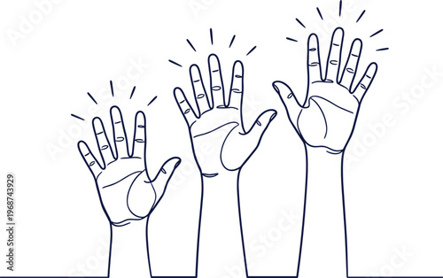 Continuous line drawing of three raised hands with starburst light effects representing volunteering community participation social activism voting cooperation and collective human rights.