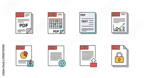 Colorful Flat Outline Icons for PDF Document Management, Digital File Formats, Data Organization and Electronic Office Workflow Vector Set
