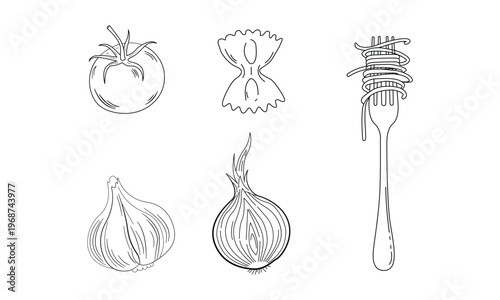 Set of black doodle line art food icons featuring tomato pasta farfalle onion and spaghetti on fork isolated