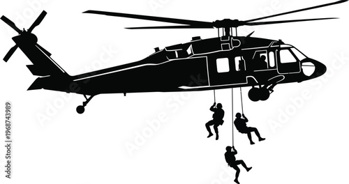helicopter with soldiers rappelling down ropes vector illustration
