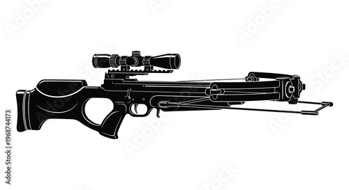 A detailed black and white depiction of a modern crossbow with a scope presented as a striking silhouette high quality professional