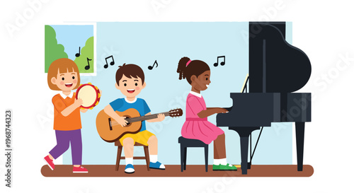 Flat style vector illustration of children learning music with instruments like guitar and piano, joyful classroom activity promoting creativity and artistic education