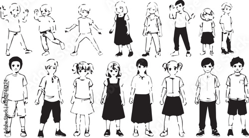 Set of 18 Black and White Children Poses Vector Illustration isolated PNG with Transparent Background