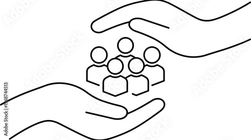 Outline vector icon of protective hands surrounding a group of people representing life insurance social security community safety family protection and humanitarian support services.